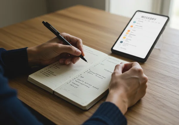 Person organizing notes for a mental health appointment