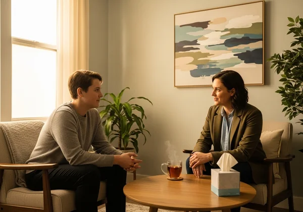 社交不安についてセラピストに相談し、サポートを受けている人