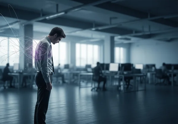 Persona che si sente isolata e ansiosa in un moderno ambiente d'ufficio