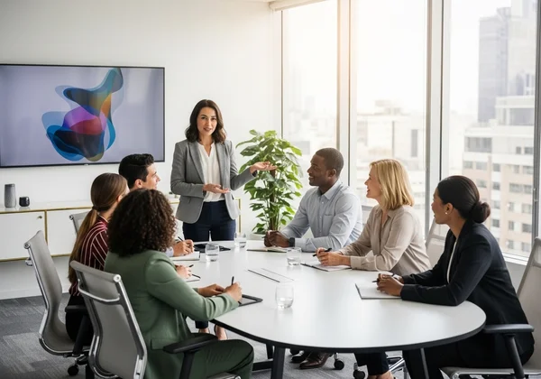 Professionista che conduce una riunione con sicurezza e interagisce con i colleghi