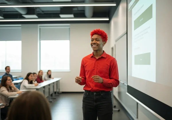 Confident student presenting in a college classroom