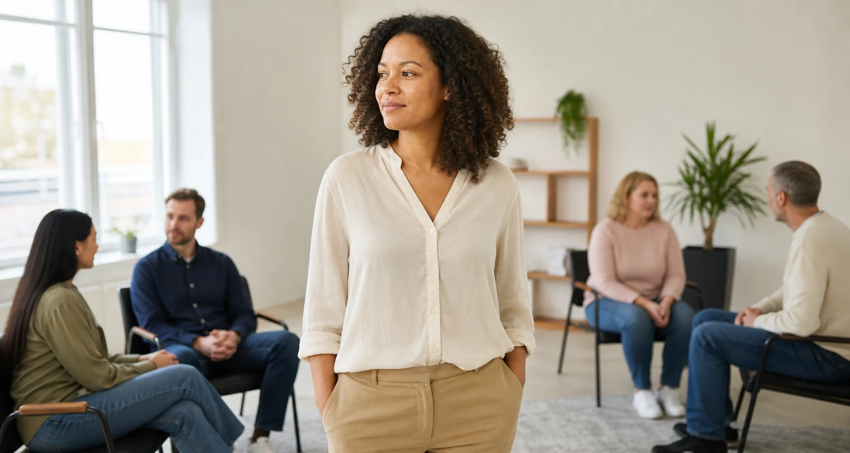 Calm person near a small group
