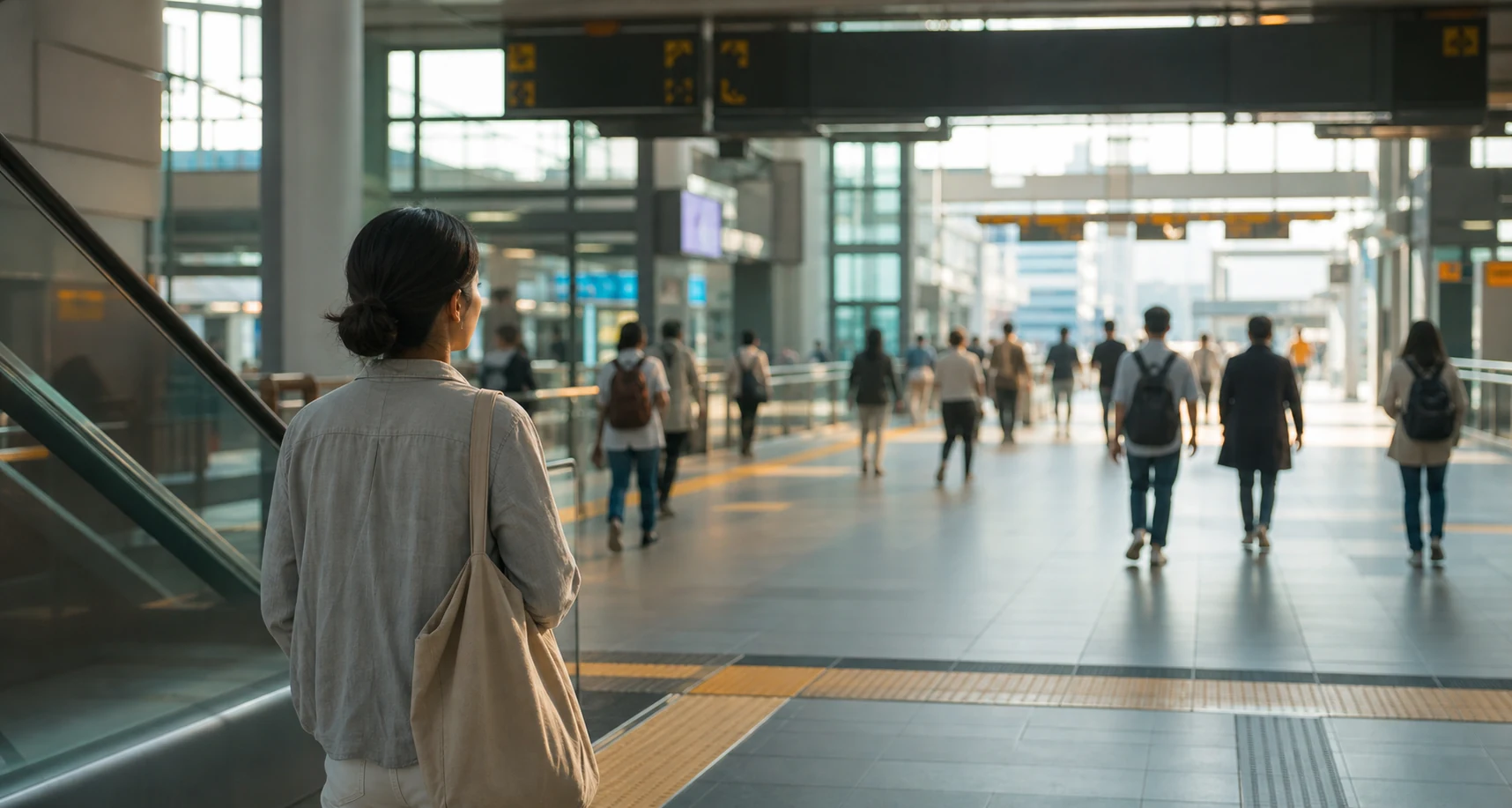 Calm path through a busy station